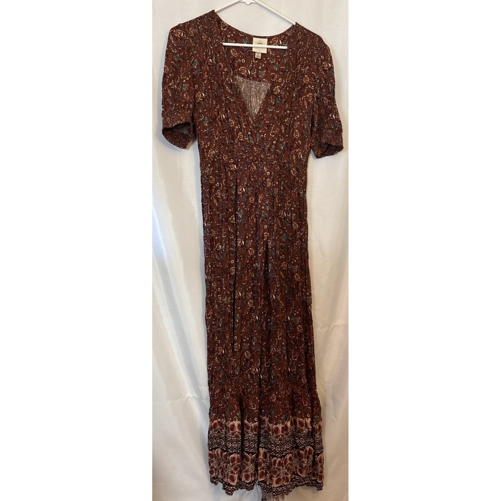 Knox Rose Brown Floral Smocked Boho Faux Wrap Maxi Dress Size Small Rayon